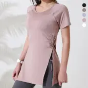 Women Short Sleeve Workout Shirts Yoga Fitness Side Drawstring Split Sports Top