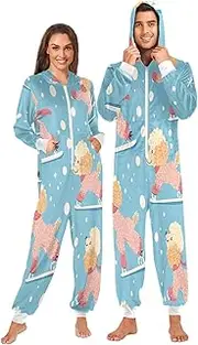 [ZZXXB] Poodle Skiing Onesie Pajamas for Adult Women Men Long Sleeves One Piece Onesies Hooded Sleepwear S - XL