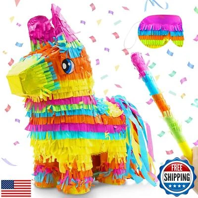 16" Cinco de Mayo Pinata, Large Rainbow Color Donkey Pinata with Stick and Bl