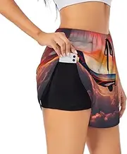 [GaxfjRu] Airplane Sunsets Sky Print Women's Running Shorts High Waisted Running Shorts Pocket Sporty Gym Elastic Short