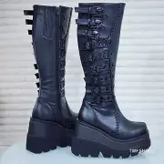 Shaker Black Matte Platform 4.5" Wedge Heel Skull Buckle Knee Boots NY DEMONIA