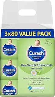 Curash Aloe Vera & Chamomile Baby Wipes - Ideal for Newborns - Ligthly Scented - Kind to Skin - Soap, Alcohol, Paraben & Irritant Free - Wet Wipes - Baby Essentials - 3 x 80 Value Pack, 240 wipes
