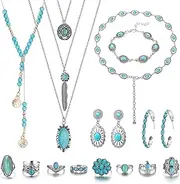 [TELAIN] Bohemian Turquoise Jewellery Set for Women & Men, Western Style Turquoise Necklaces, Earrings, Belt, Bracelet & Rings, Vintage Turquoise Jewellery, Adjustable & Versatile
