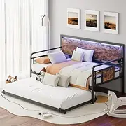 LIKIMIO Daybed with Trundle, Wood and Metal Twin Size Daybed with LED Lights, Charging Station, Durable Metal Sofa Bed Frame with Steel Slat Support, Vintage Brown