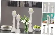 Set of 3 White Antique Farmhouse Wood Pillar Candle Holders - Tall Rustic