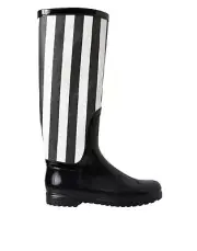 DOLCE&GABBANA Women Black White Knee High Boots Rubber Striped Flat Bootie Shoes