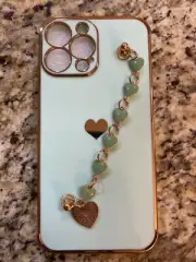 iPhone 13 Pro Max Case Mint Green With Heart Chain Strap