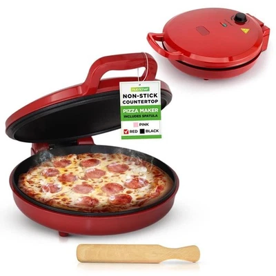NutriChef Countertop Pizza Maker -Non-Stick Electric Pizza Oven w/ Spatula (Red)