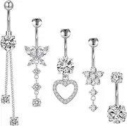 [Uzndq] Pack of 5 belly button piercings, belly button piercing, silver, real stainless steel, hanging chain, long, piercing butterfly set, piercings belly piercing (stainless steel), m, Stainless