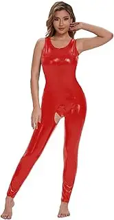 [xokesy] Women Shiny Leather Jumpsuit, Sexy Open Crotch, Glossy PVC Leather Leotard Crotchless