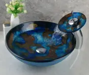 Blue Hand Painted Tap Wash Bathroom Tempered Glass Ceramic Basin Sink w/ Faucet