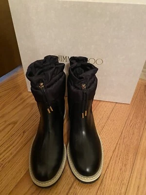 Jimmy Choo Black Leather Nylon Bao Flat Boots 38 Retail $995