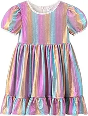 [KARETT] Girls Sparkle Metallic Dress Short Sleeve Dress A Line Casual Party Dress Knee-Length