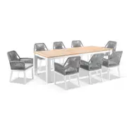 Balmoral 2.5m Outdoor Teak Top Aluminium Table With 8 Hugo Rope Chairs White - Grey Rope - Textured Olefin Grey
