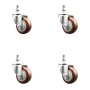 3 Inch 316SS Maroon Polyurethane Wheel Swivel 3/8 Inch Threaded Stem Caster Set