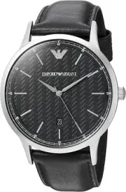 Emporio Armani AR8035 Silver Tone Black Dial Black Leather Strap Mens Watch