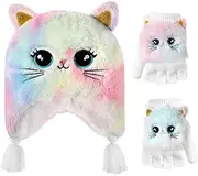 [Hifot] Girls Hat and Gloves Set, Winter Hats and Gloves for Kids, Fluffy Earflap Cat Beanie with Winter Mitten for Kids