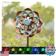 Cyan Oasis Solar Wind Spinner with Light, Outdoor Metal Wind Spinners for Yar