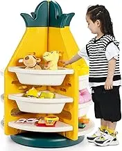 Kids Rotating Toy Storage Organizer, 3-Tier Pineapple Toy Shelf Bookcase w/ 8 Plastic Bins & 4 Shelves, 360°Revolving, Space-Saving Children Toy Collection Rack for Bedroom Playroom Living Room School, Yellow & Green & White