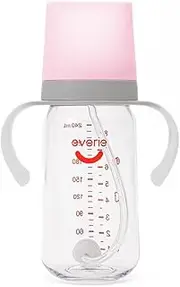 [Evorie] Tritan Baby Feeding Bottle, Teat, Handles & Weighted Straw Bundle for Milk Formula - Crystal-Clear, Wide Neck & Anti-Colic - 240ml (Pink)