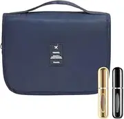 [My Corgi Living] Hanging Toiletry Bag with 2 refillable Travel Size Perfume Bottle- Portable Travel Size Hanging Travel Makeup and Jewelry Organizer with Multiple Compartments for Men, Women (Navy)