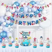 Bby Shark Theme Birthday Party Supplies – Complete Set for Kids’ Parties – Plates, Cups, Banners, Balloons & More – Perfect for Celebrations