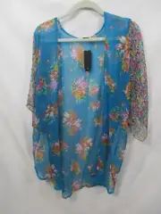 New Directions Cardigan Womens One Size Blue Sheer Floral Long Sleeve New