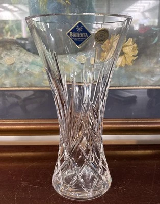 Vintage Bohemia Hard Cut Lead Crystal Vase Czech Republic 27cm Tall Hand Cut