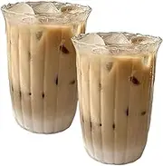 Ribbed Glasse 2Pcs Drinking Glasses Shape Iced Coffee Glass 420ML Vintage Glass Cups Ripple Glassware for Boba Smoothie Water Juice Beer Cocktail Iced Coffee Glass
