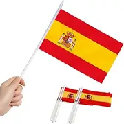 Anley Spain Mini Flag 12 Pack - Hand Held Small Miniature Spanish Flags on Stick - Fade Resistant & Vivid Colors - 5x8 Inch with Solid Pole & Spear Top
