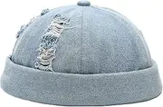 [HAMKVBPR] Mens Brimless Hats Unisex Denim Broken Holes Made-Old Skull Cap Outdoor Brimless Beanie Landlord Cap Adjustable Docker Cap(Light Blue)