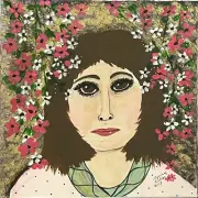 Original painting 12x12" Woman lady portrait flowers Canvas by Lynne Kohler