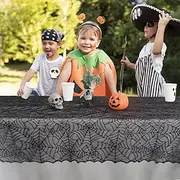 alloween Cobweb Table Cloth Lace Fabric Spider Web Round Gothic Table Cover Spooky Black Lace Bat Pattern Decor Accessories for Halloween Party