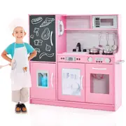 Costway Kitchen Playset Pretend Cooking Toy w/Cookware & Blackboard Preschool Toy Birthday Gift Pink