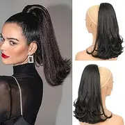 Long Ponytail Curl Hair Extensions Drawstring Ponytail For Women, Clip-On Ponytail Hair Extensions Flip End Ponytail Wig (1B, 16inch)