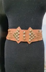 Woman Waist Elastic Braided Brown Camel Wide Belt With Gold Rusty Diamond Studs