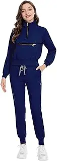 [niaahinn] Scrub Set with Long Sleeve for Women Scrub Top & Jogger Scrub Pants Medical Working Uniforms with Pockets