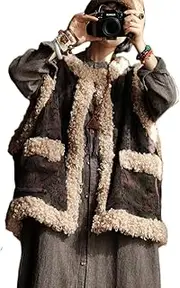 [NFYM] Women's Vest Corduroy Quilted Open Front Faux Shearling Lambwool Trim Sleeveless Cardigan Vest