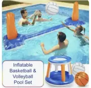 Inflatable Pool Float Set Volleyball Net and Basketball Hoops; Balls Included