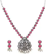 [Efulgenz] Indian Jewelry Set Oxidized Choker Necklace Earrings Set Pink Indian Oxidized Jewelry Antique Boho Crystal Faux Pearl Religious Goddess Laxmi Pendant Necklace Dangle Earrings Bohemian