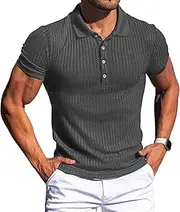 [Generic] Men's Slim Fit Ribbed Textured Polo Short Sleeve Casual Band Collar Henley T-Shirt Knitted Muscle T Shirts, Grey 1, Medium