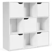 Costway 9-Cube Storage Cabinet 3-Tier Organizer Wooden Cubby Bookcase w/Doors Stand Shelf White