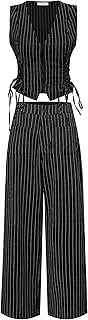 [AstralElegance] MOD V-Neck Sleeveless Side Tie Waist Straight Pants Black Striped Suit Set,Back To School Preppy Tops 2pcs
