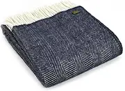 Herringbone Pure New Wool Throw/Blanket - Blue Navy/Cream - British Made