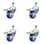 3 Inch SS Blue Polyurethane 12mm Threaded Stem Caster Set Total Lock Brake