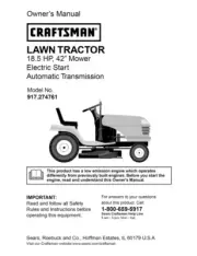 Owner’s Manual Sears Craftsman 18.5 HP Lawn Tractor 42” Mower- Model 917.274761