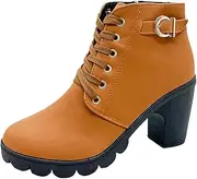 [WOFANLULY] Women's Round Toe Chunky Heel Lace Up Platform Boots