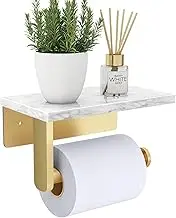 Brushed Gold Toilet Paper Holder with Natural Marble Shelf, 304 Stainless Steel Screw Wall Mounted, Tissue Roll Paper Holder Dispenser for Bathroom Washroom (Gold)