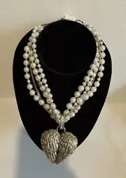 BETSEY JOHNSON Multi-Strand Pearl Necklace Wings Mirror Heart Compact Pendant