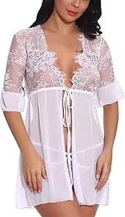 [ZPLxi] Women's Lingerie Open Front Babydoll Lace Eyelash Chemise Sleepwear Sheer Mesh Robe